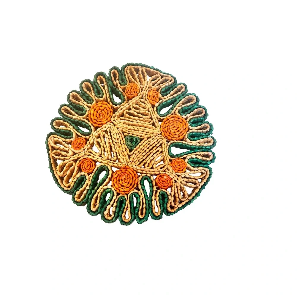 Vintage Boho Wicker Trivets Set of 2 Red Green Orange Woven Straw Hot Pads 7.5in